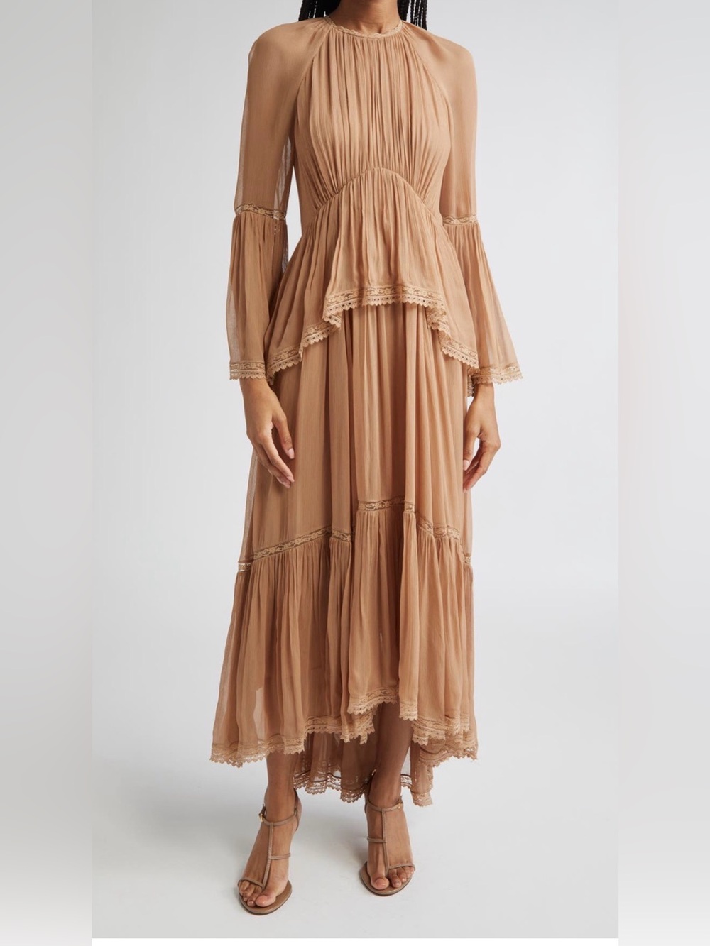 NWT Zimmermann Devi Long Sleeve Tiered Midi Dress Nude Beige Size 2 / US 8